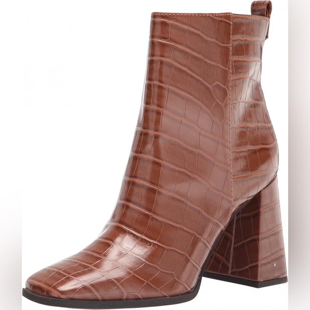Sam Edelman Brown Croc-Embossed Block Heel Ankle Boots